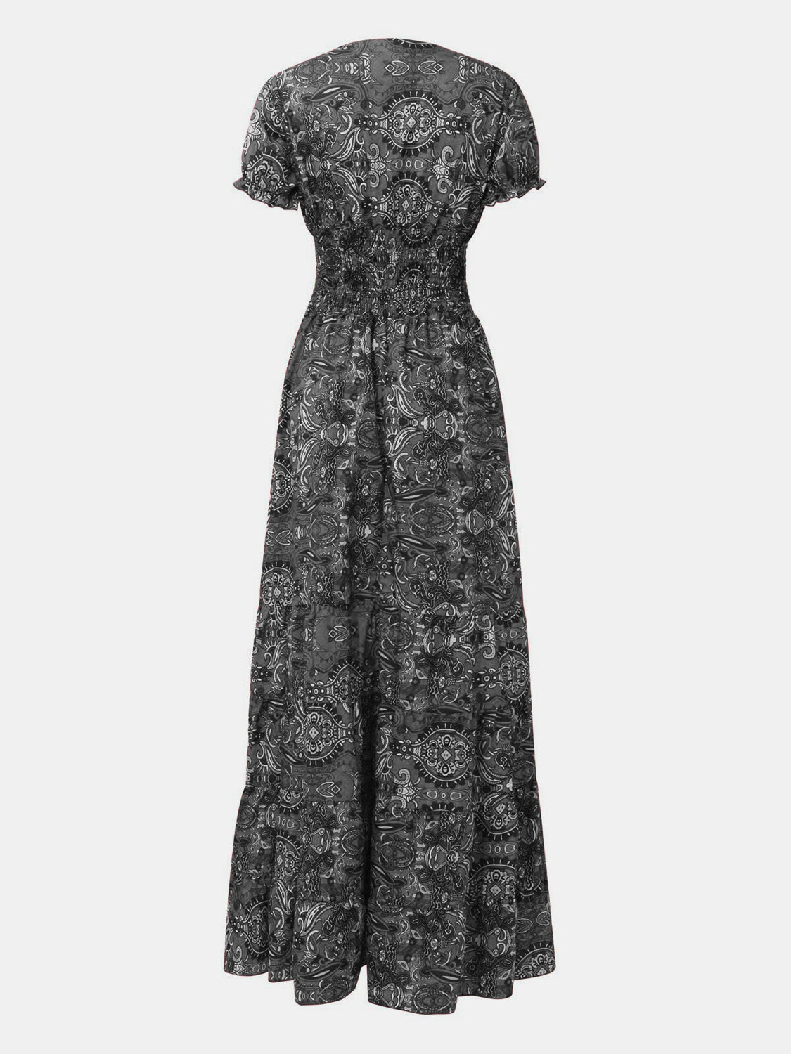 Full Size Smocked Printed V-Neck Short Sleeve Dress Full Size Smocked Printed V-Neck Short Sleeve Dress